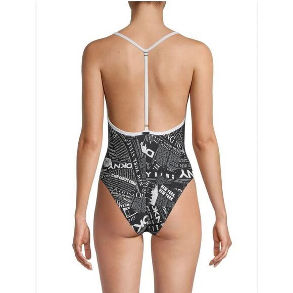 NWT DKNY Newsprint Graphic T-Back One-Piece Swimsuit Black/White Women's Large - Picture 2 of 7